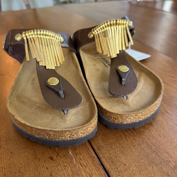 Birkenstock Gizeh Gold Metal Fringe Graceful Toffe US 4.5 EU35 Brown Birkoflor - Picture 6 of 12